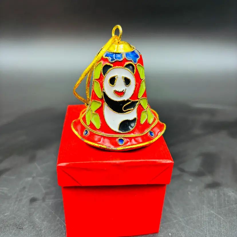 Cloisonne Enamel Metal Christmas Ornament Bell Panda Bamboo on Red Background 2in