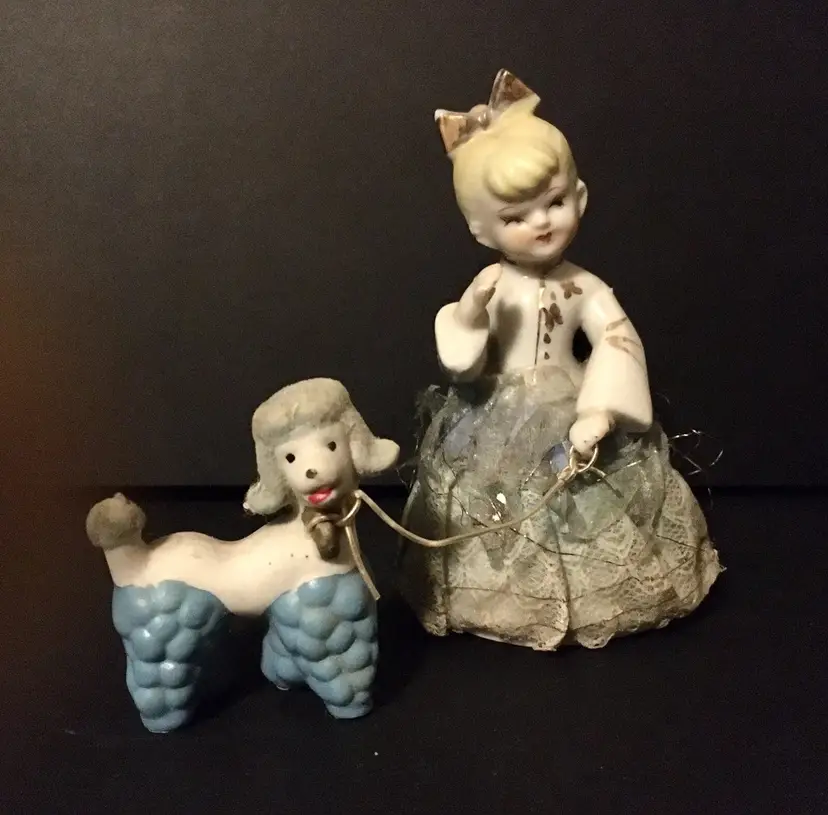 Vintage Porcelain Painted Girl Lace Dress Figurine With Poodle On Leash Kitsch