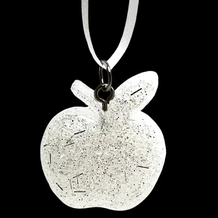 White and Silver Resin & Glitter 1-5/8” Apple Ornament. Add Own Chain & Easily Converts To Necklace! Handmade by me 🫶