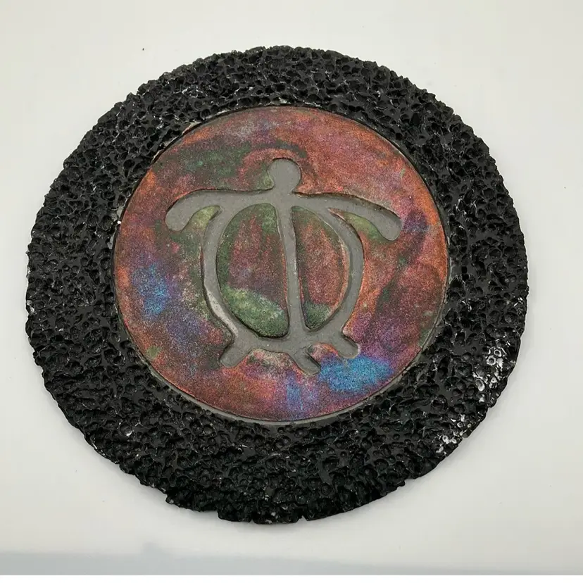 Signed Ben Diller Turtle Raku and Lava Rock Art 6.25”Diameter