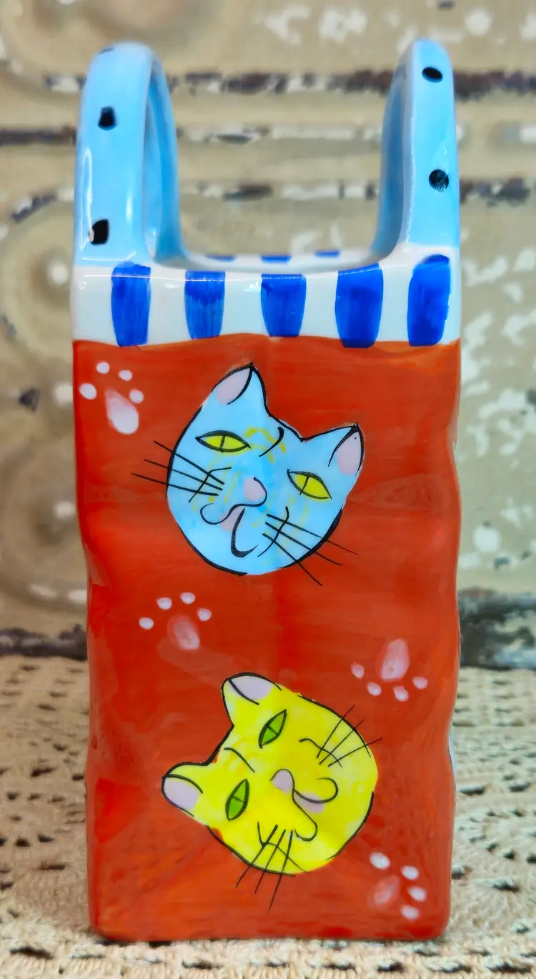 Fun Ceramic Bella Casa Ganz Kitty Cat Faces & Paw Prints Shopping Bag Vase