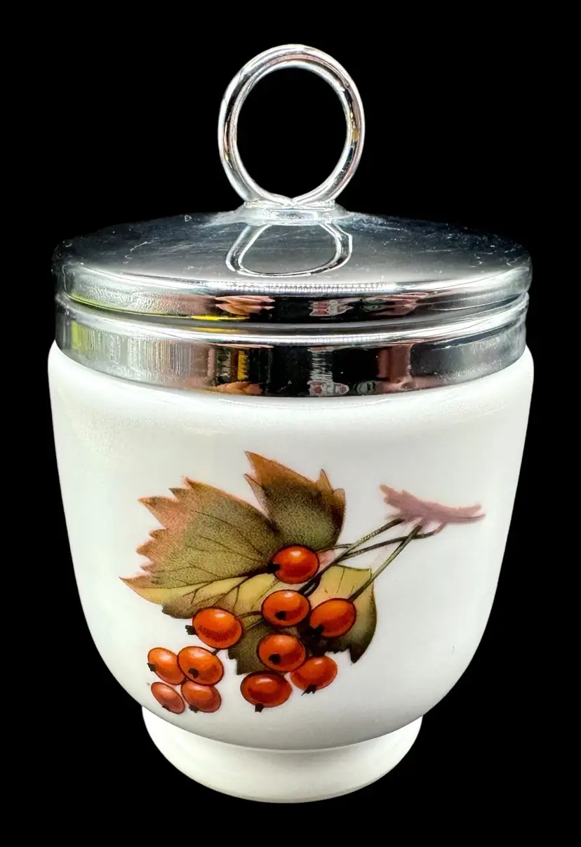 Vintage Royal Worcester Porcelain Egg Coddler Evesham Plum Currants Fruit 4”