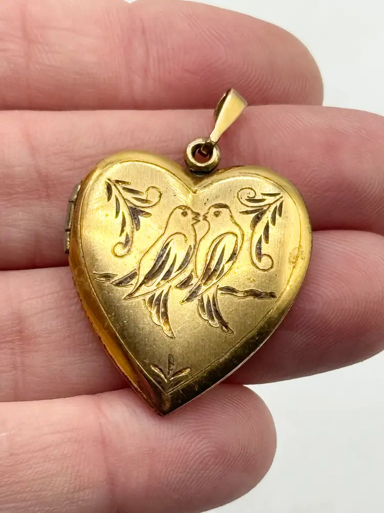 Gold filled estate heart love birds vintage locket pendant