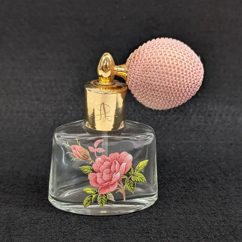 Vintage Perfume Atomizer Bottle Clear Glass Pink Rose Flower Design Grandmacore