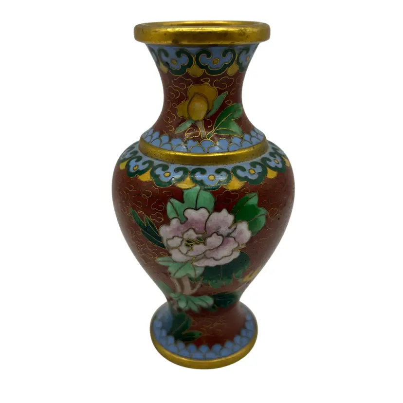 Vintage Chinese Brass And Enamel Cloisonné Miniature Vase Floral Design 4.25”