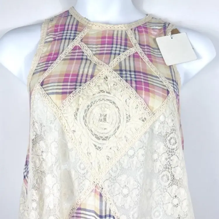 Umgee Lace Mini Dress Womens Size Medium Plaid Floral Swing Cottagecore Prairie