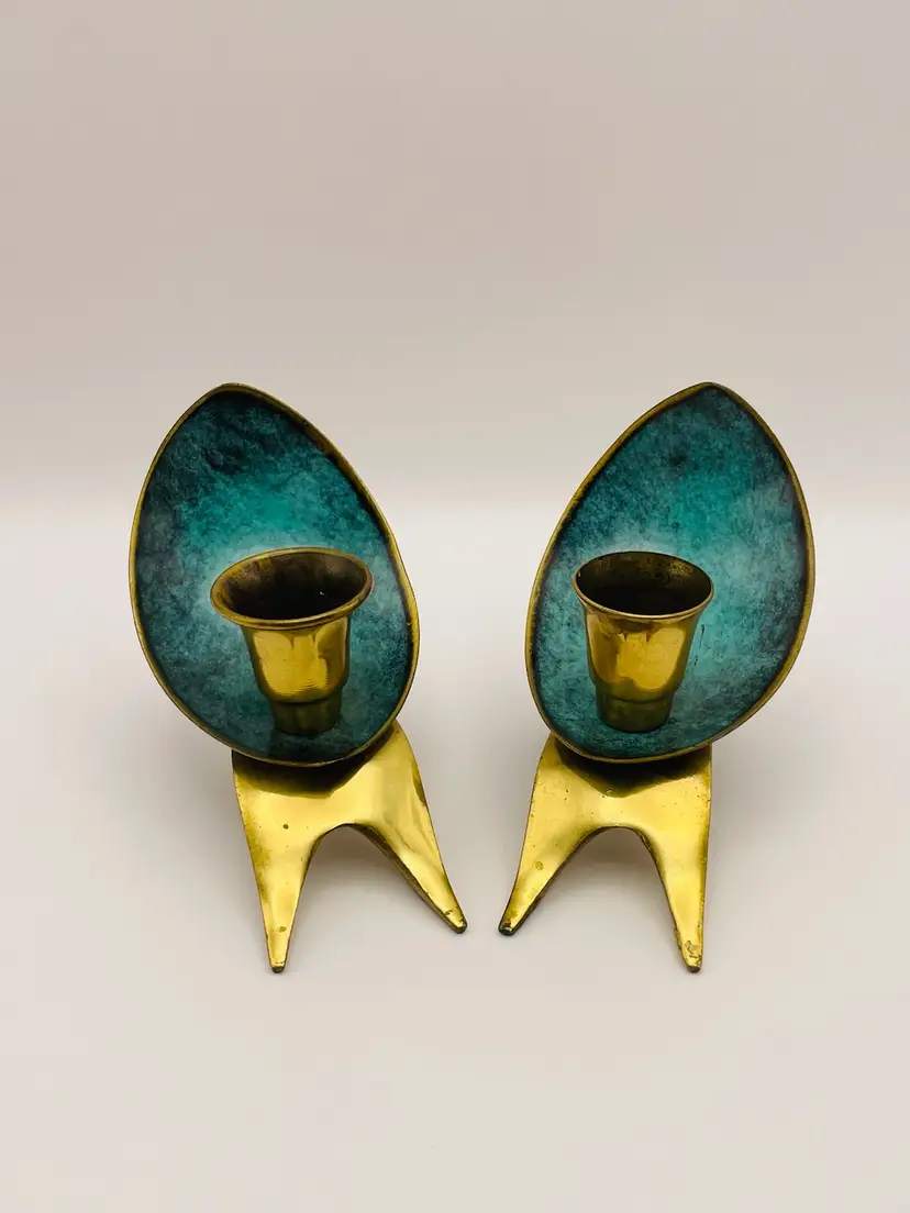 Pair of 2 Vintage Oppenheim Brass Enamel Art Deco Shabbat Candle Holders Israel