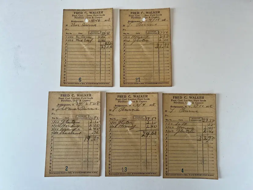 Antique General Store Receipts. 1928, Mercantile Feed Coal Lumber Ephemera. Bridgewater NY