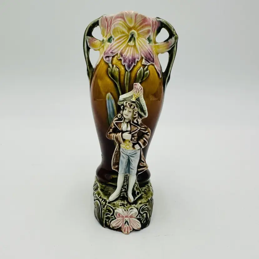 Majolica Vase Art Nouveau Small Figural Napoleon Urn Floral Antique 1900 French