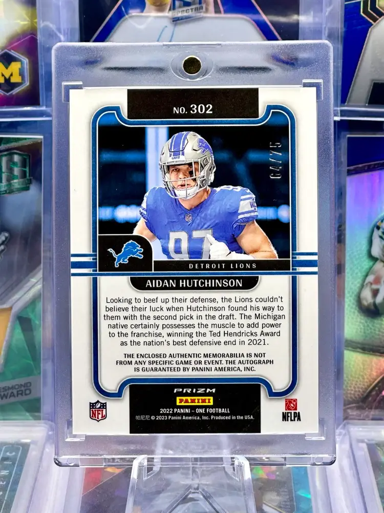 Aidan Hutchinson 2022 One RPA Rookie AUTO Autograph ON CARD Patch Blue Prizm /75 Detroit Lions Michigan Wolverines