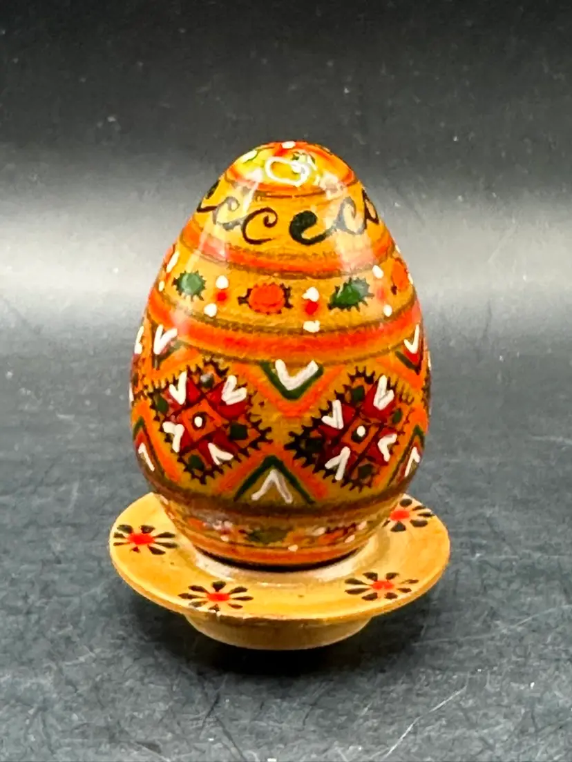 Pysanka, Easter Egg Hand Painted Wood Egg With Stand 2.5”