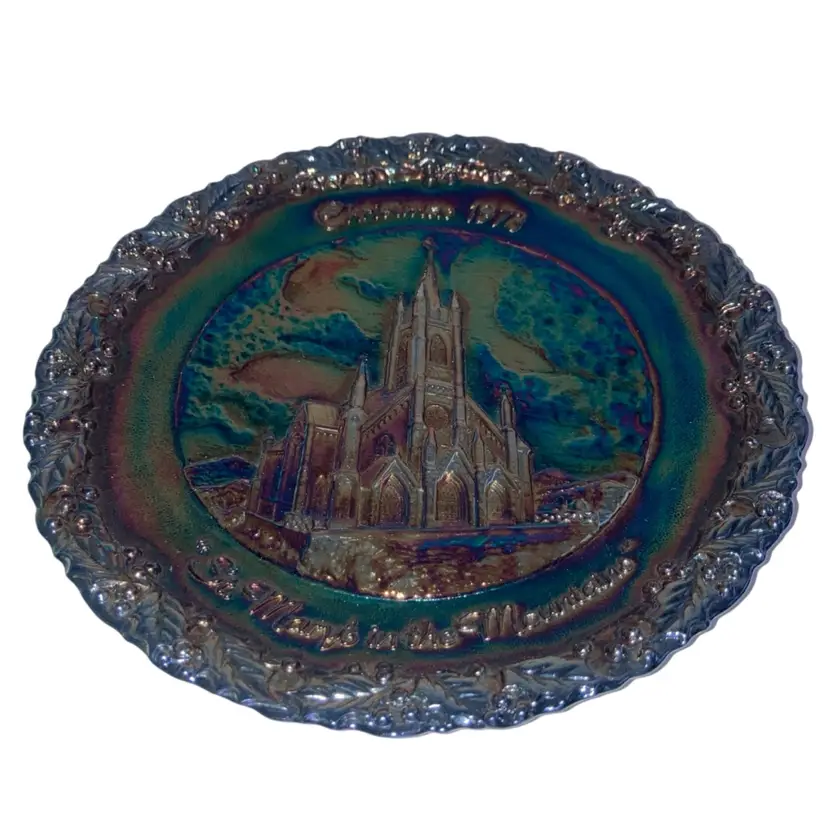 Fenton Iridescent Carnival Glass “St. Mary's in the Mountain” Christmas 1973 8” Plate! Embossed!