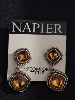 Vintage Napier E-Z Comfort Clip Earrings with Amber Stones