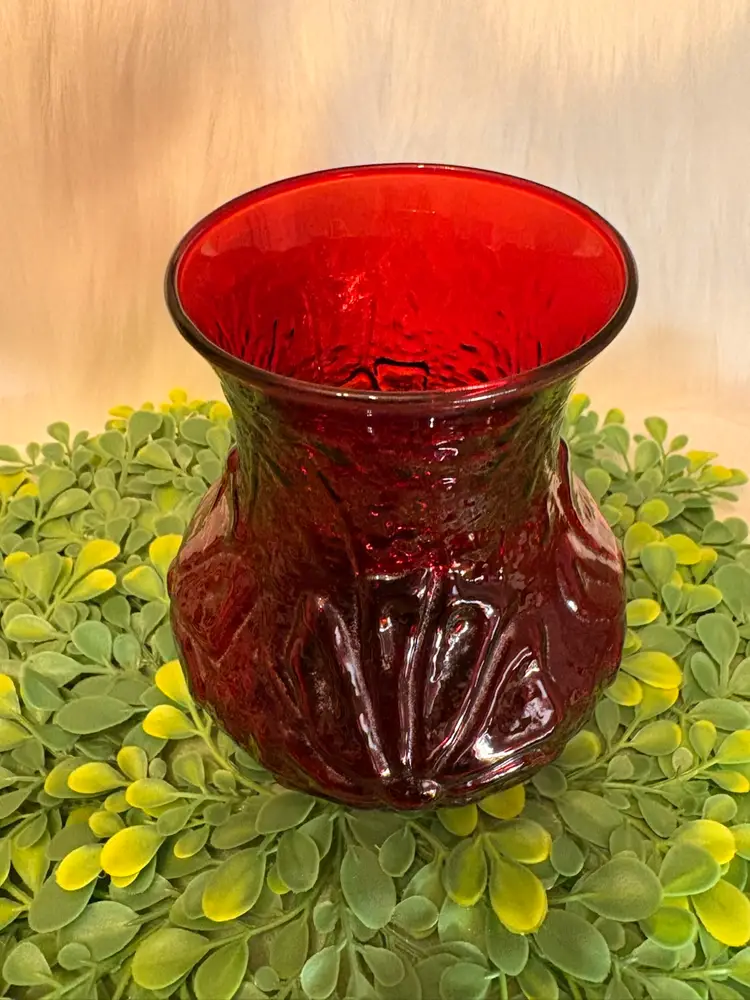 Vintage Anchor Hocking Embossed Rainflower Royal Ruby Red Vase