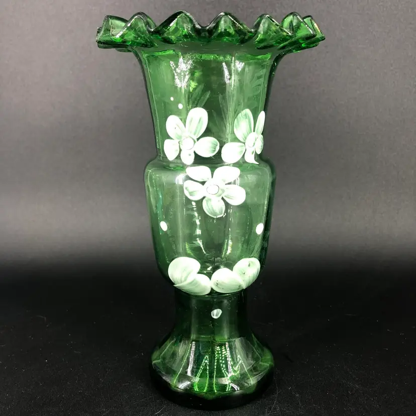 Antique Hand-Blown Enameled Flower Ruffled Green Glass Vase