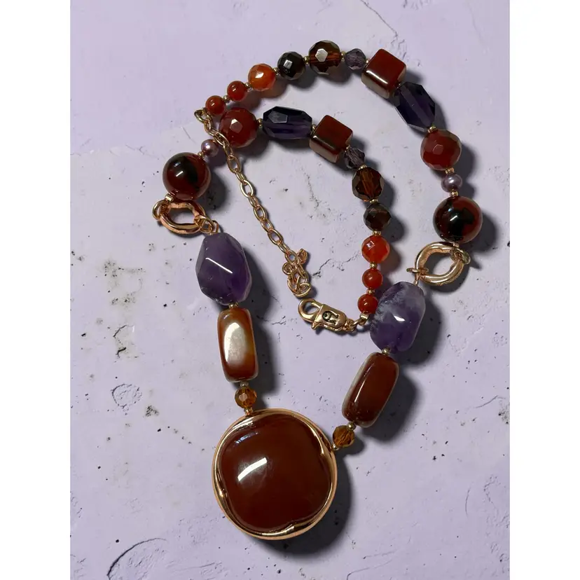 Signed Etienne Aigner Rose Gold Tone Carnelian & Amethyst Necklace