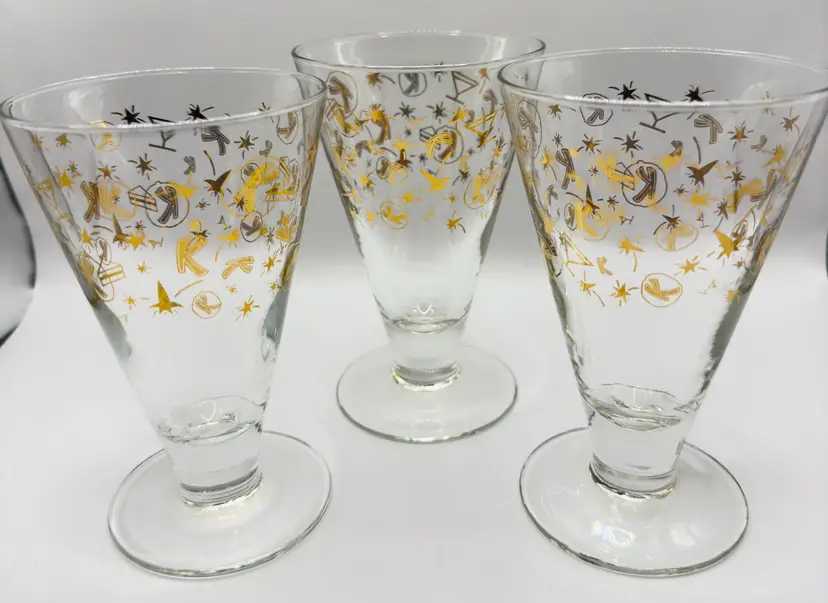 Vintage 1950’s Mid-Century Atomic Starburst Rocket Cake Cocktail Glasses, Barware Set of 3, Gold and Black Design, By Kahlúa