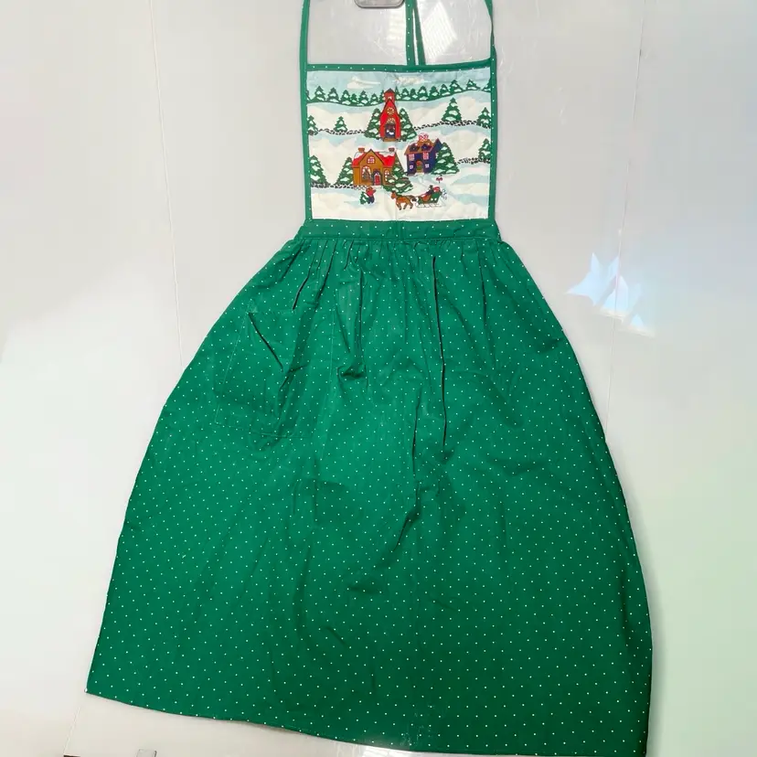 CSC Christmas Full Dress Skirt Kitchen Baking Apron Green Polka Dot Vintage 1980s