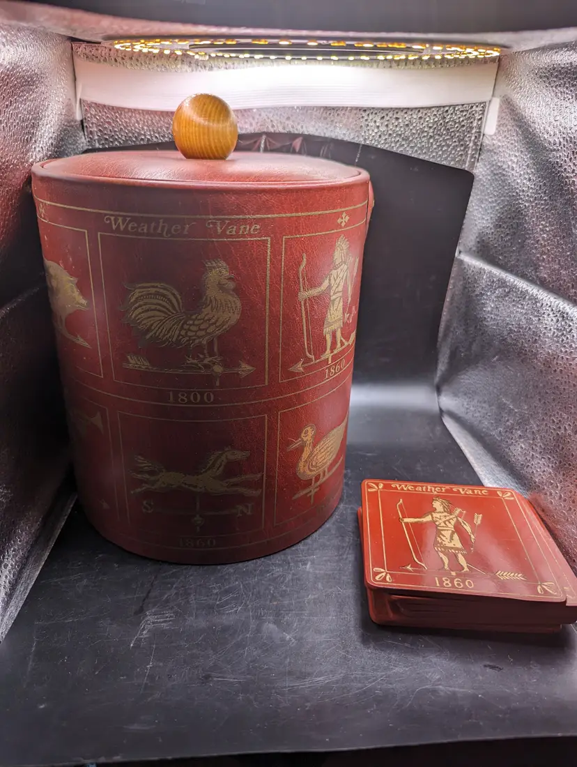 Vintage Georges Briard Signed Ice Bucket Faux Leather Insulated Weathervane Design MCM With Matching 8 Coasters.