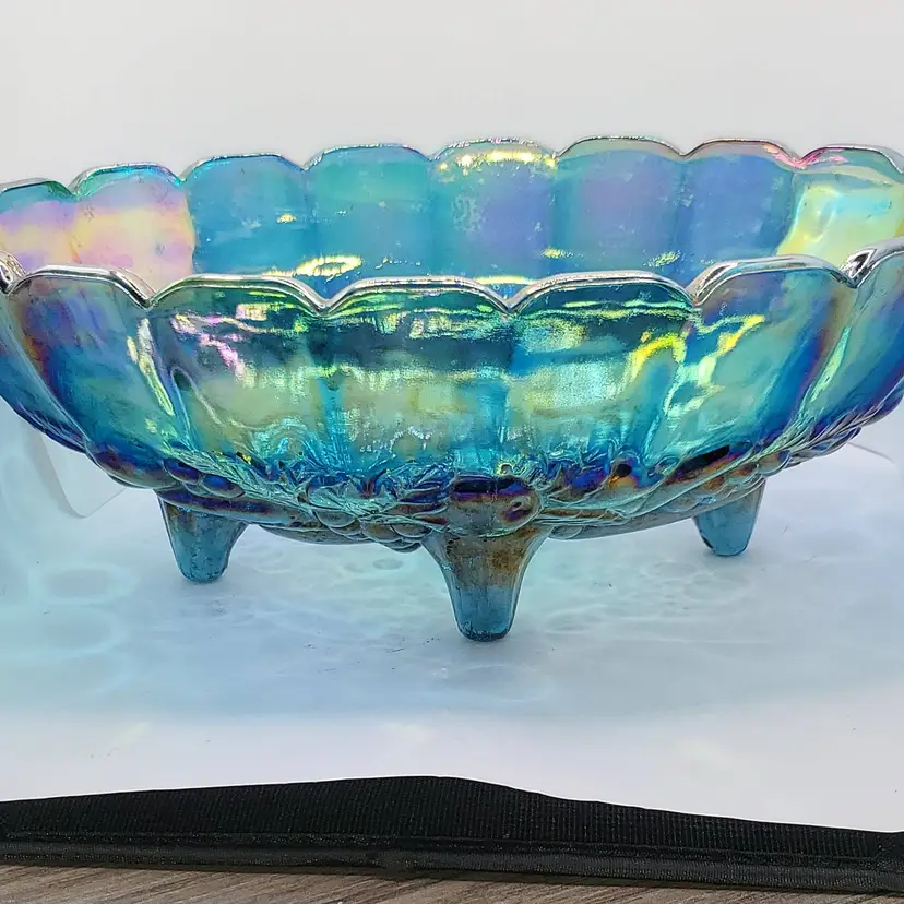 Vintage Iridescent Blue Carnival Glass Footed Fruit Bowl by Indiana Glass with box 12" x 8"