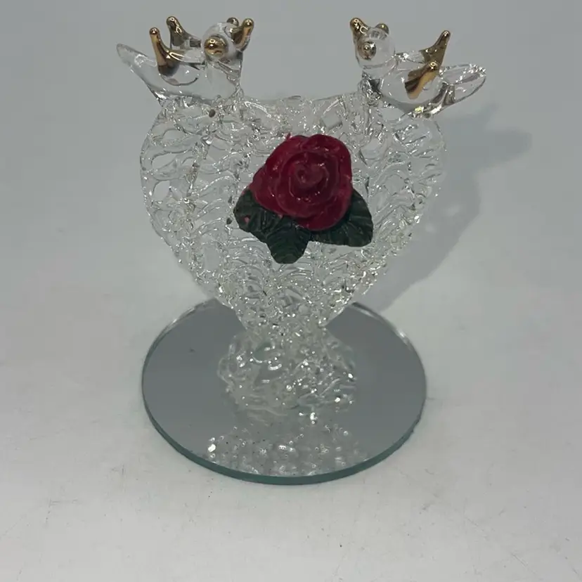 Spun Glass Heart On Mirror With Doves And Rose 2.5 Inches