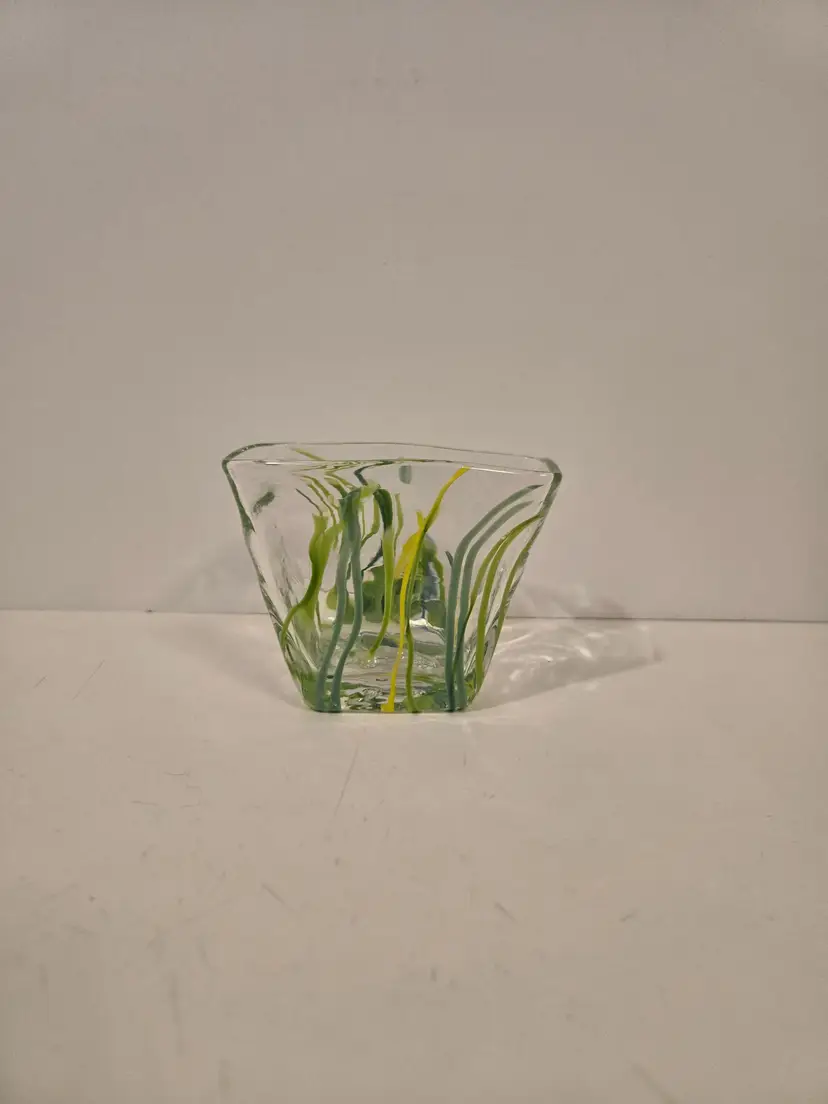 Handmade Art Glass Vase Green And Yellow Squiggles