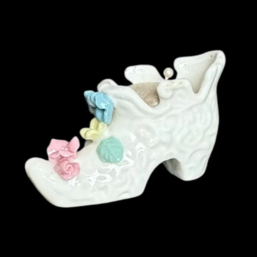 Vintage Porcelain Shoe Pin Cushion With Floral Accents