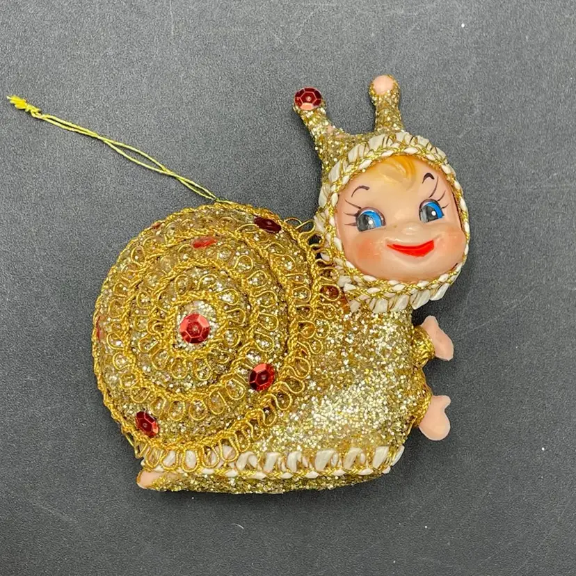 Anthropomorphic Pixie Snail Bug Gold Blow Mold Christmas Ornament VTG Kitsch Kitschy