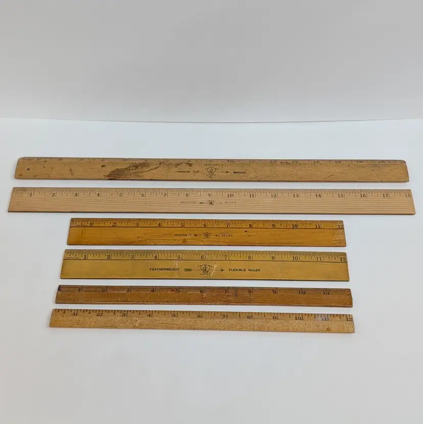 6 Vintage Wooden Rulers Westcott SFR&B Unbranded Four 12" & Two 18" Made In USA