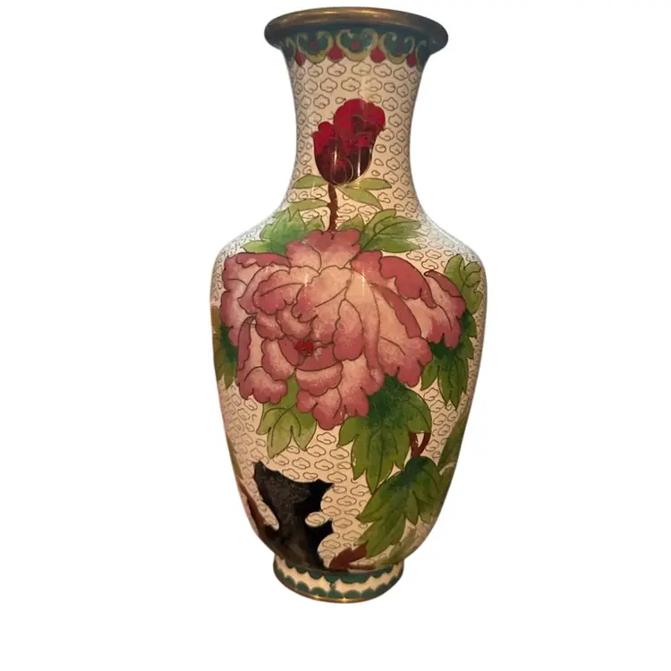 Enamel Over Metal Cloisonné Butterfly Floral Brass 9 In Vase