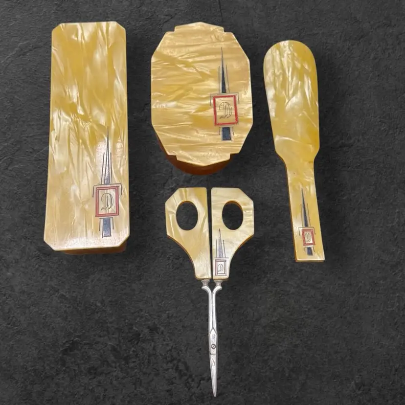 4-pc Monogrammed Vintage Celluloid Vanity Dresser Set