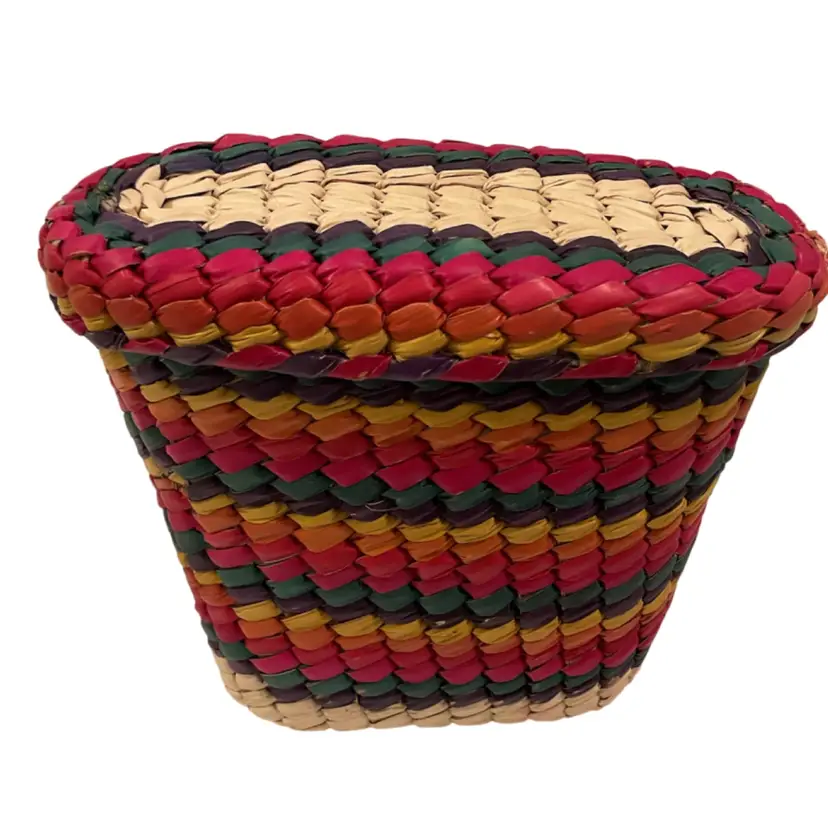 🎉Vintage Vivid Color Raffata Woven  Basket W Lid