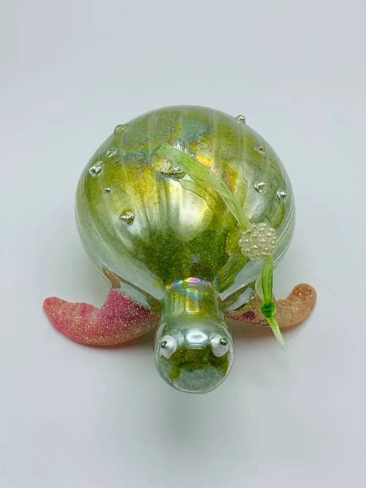Pier 1, Hand Blown, Art Glass Sea Turtle Ornament Coastal Christmas Iridescent Green Orange/Pink Glitter