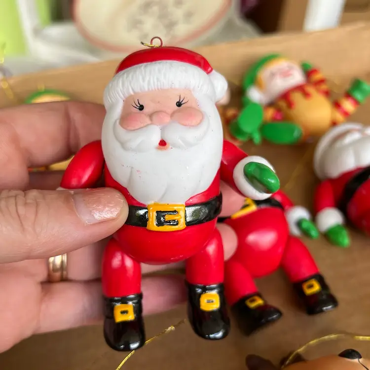 9 Avon Santa & Friends Action Xmas Ornaments Elf Reindeer and Santa 1984