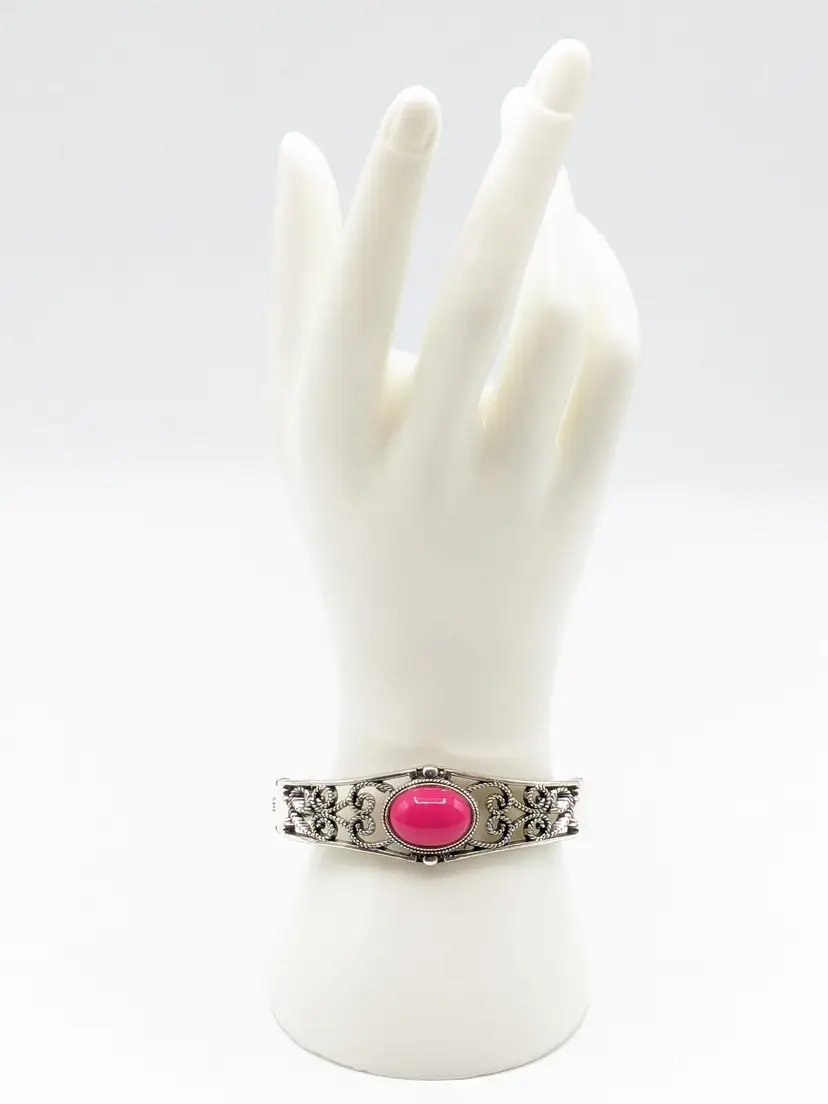 Paparazzi "Joyful Journeys" Pink Bead and Silver Tone Filigree Bangle Bracelet