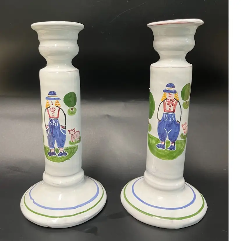 Pair Of Vintage Candle Holders- Sarreid Pottery Made In Portugal- Hand Painted Folk Art- Farmer/pig -7” Tall