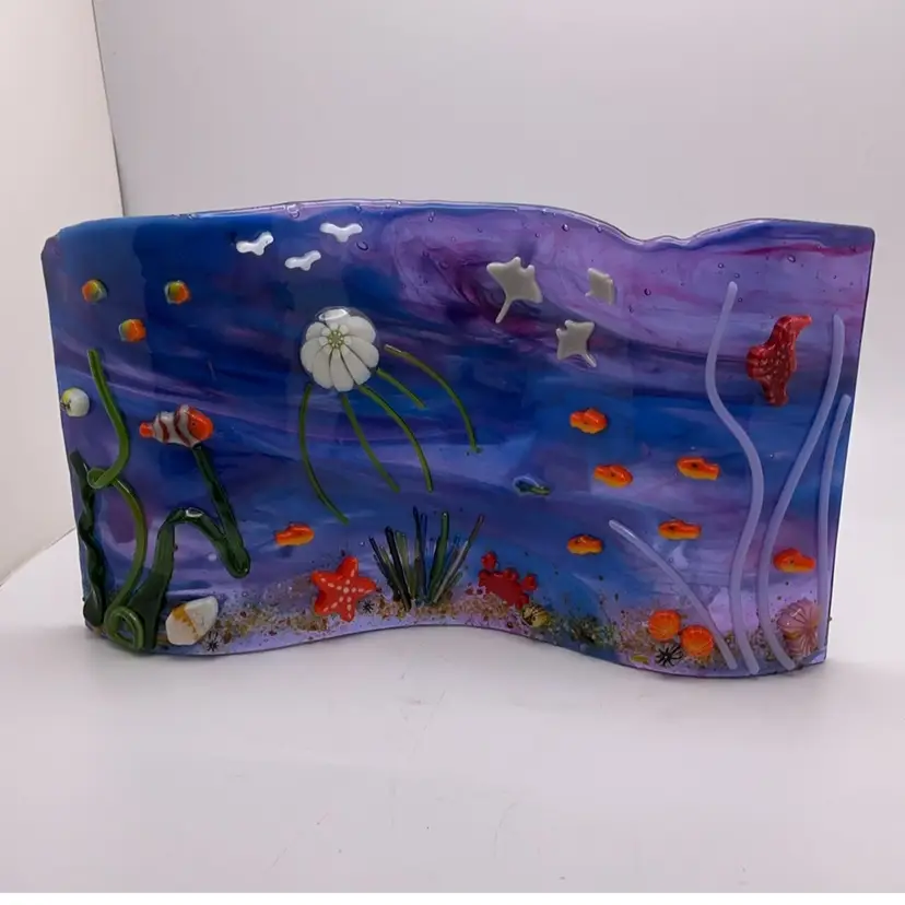 FFT Made by Me! Ocean Theme Fused Glass FREE STANDING Wave Panel 7.75” x 4.5” 3D Handcrafted Studio Art