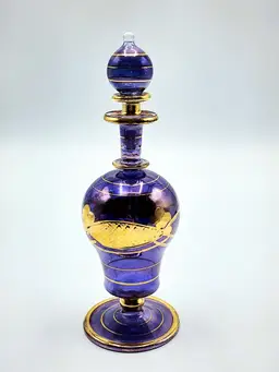 003 Vintage Egyptian Purple Glass Perfume Bottle w Stopper 6 1/2"