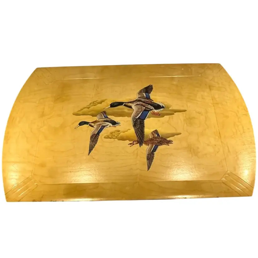 Hasko 11” x 18” Wood Serving Tray – Mallard Ducks in Flight Lithograph, 1940s