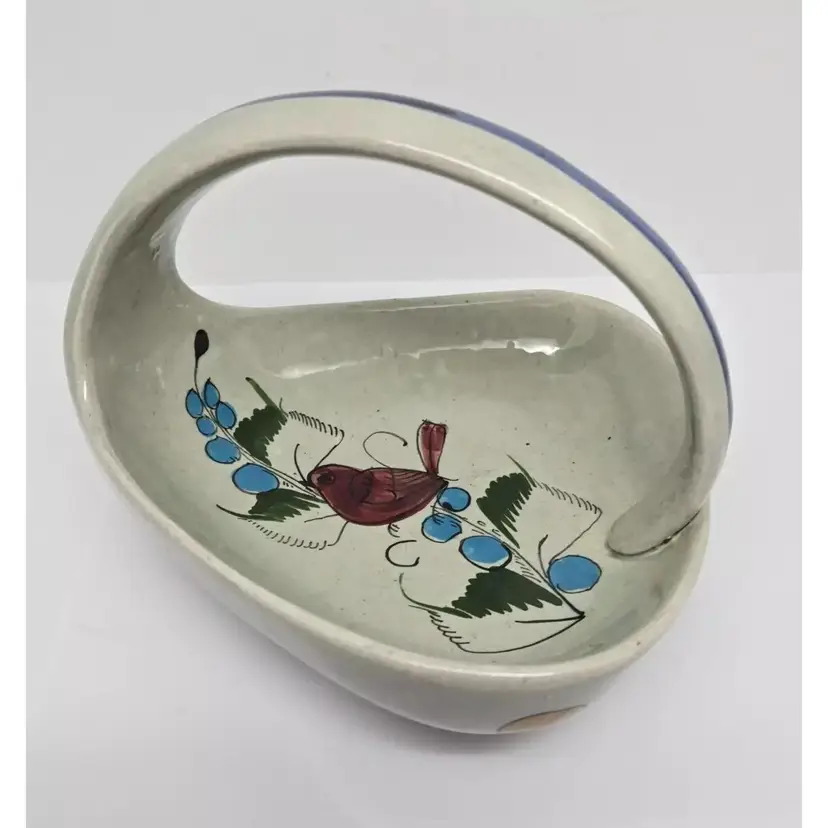 Noe Suro Mexico Ceramic Bowl with Handle, Folk Art, Red Bird, Signed