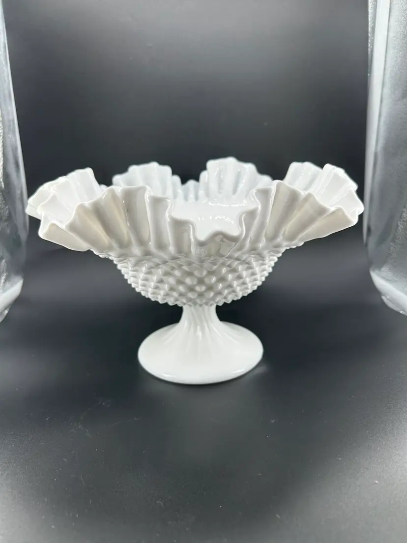 FENTON WHITE MILK GLASS HOBNAIL PEDESTAL BOWL WITH RUFFLED RIM