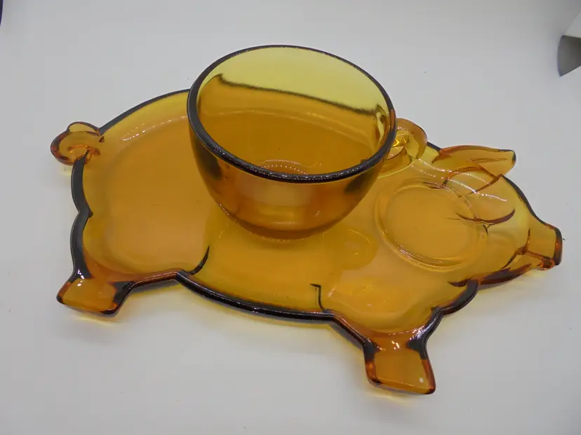 Indiana Glass Tiara Amber Pig Snack Plate with Cup 1970s