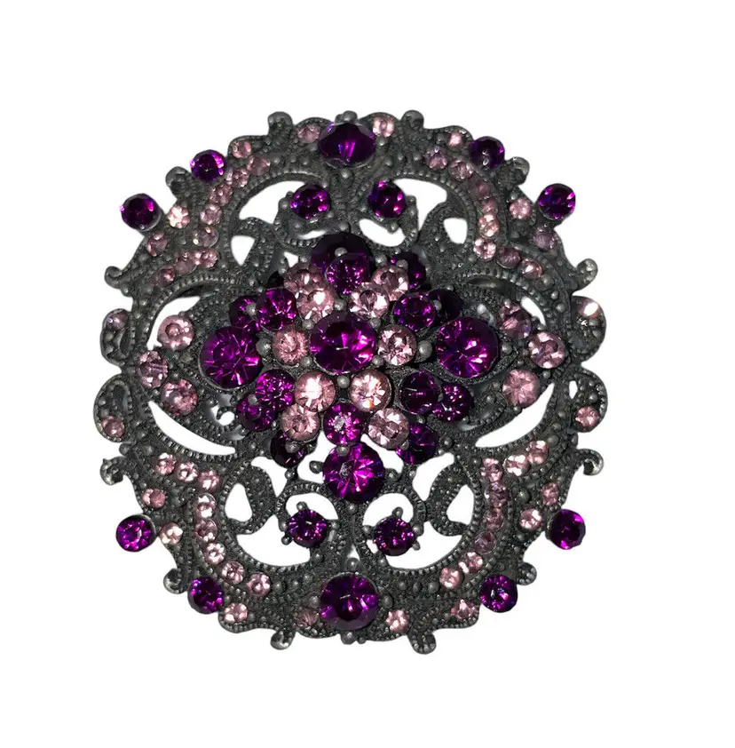 Vintage Gothic Purple Pink Rhinestone Marcasite Brooch Pin Domed Large Sparkle