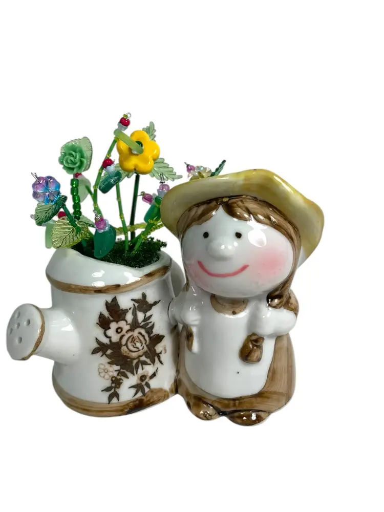 Forever Plant Beaded Flowers Vintage Mini Planter Girl With Watering Can Assembled Made By Me