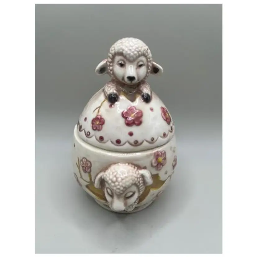 Vintage Ceramic Lamb Lidded Jar/Trinket Box ~ Floral Design ~ Adorable Collectible