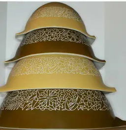 Vintage Pyrex Woodland Cinderella Mixing Bowl Set Complete 4 Piece Nesting Bowls 441–444 Tan & Brown Floral 1978–83