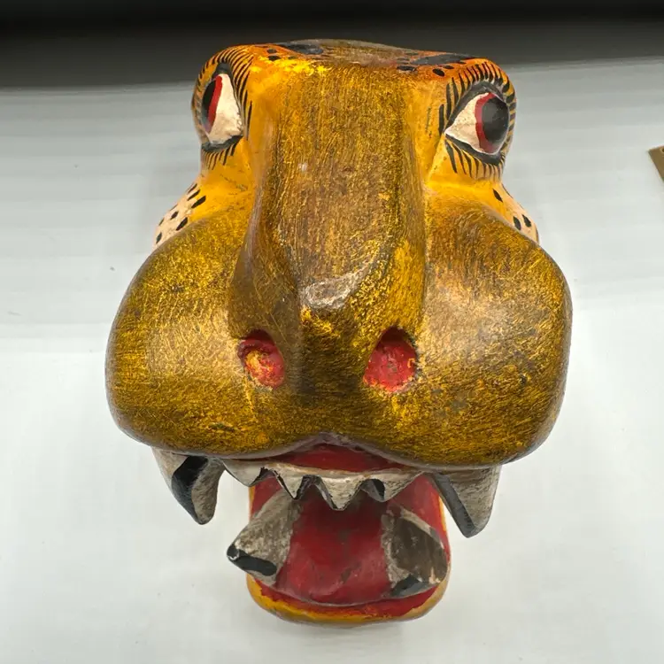 Mexican Folk Art Carved Wood Jaguar Leopard Head Face Mask