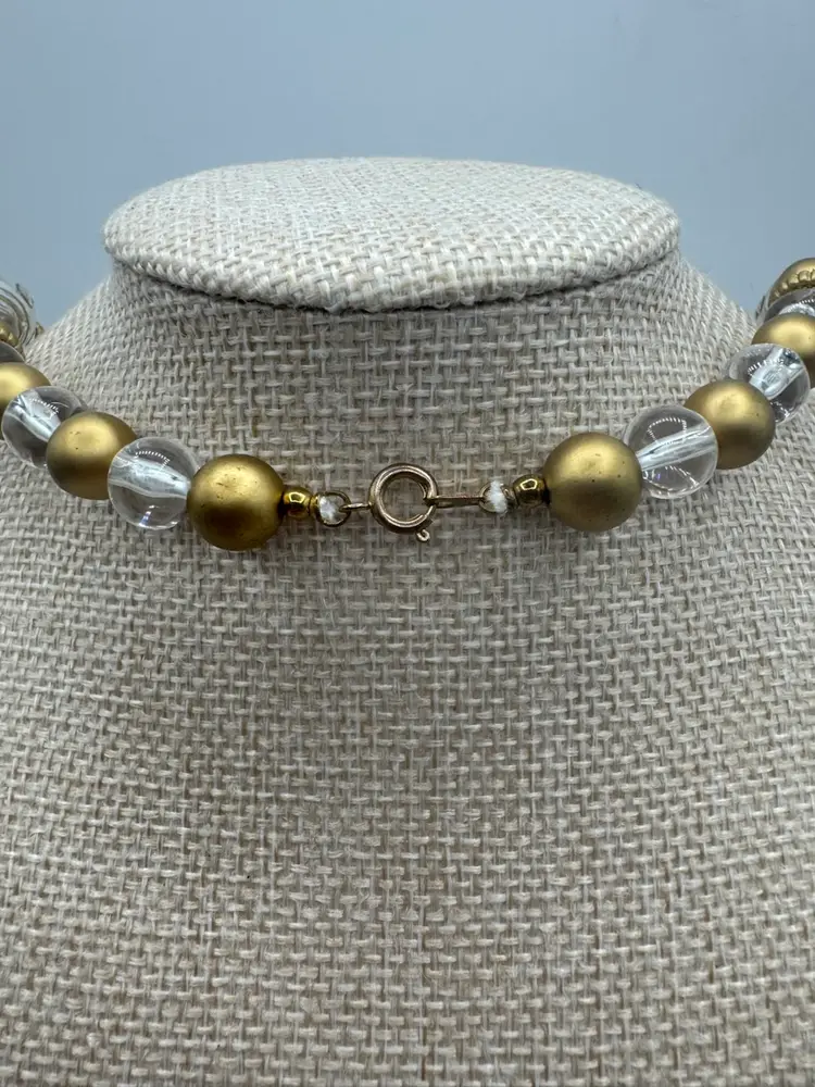 Vintage Clear And Gold Tone Acrylic Beaded Necklace & Clip-on Earring Set