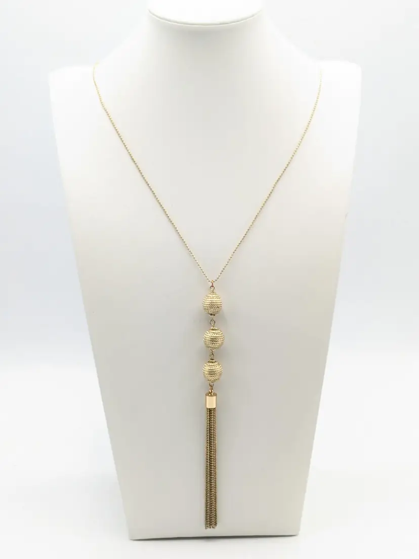 INC International Triple Sphere Tassel Necklace Gold Tone