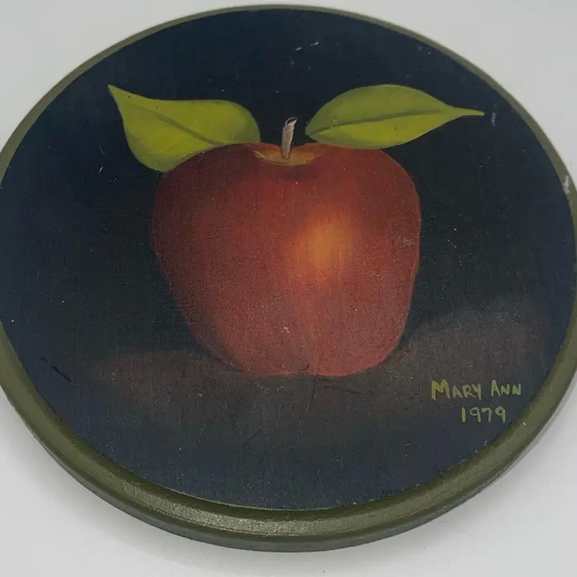 17- Hand Painted Wooden Plaque Apple Mary Ann 1979 Round 6”